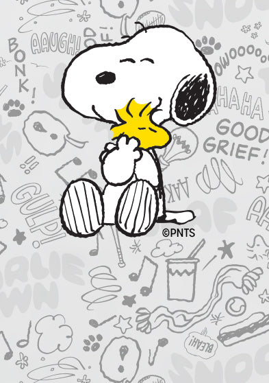 Illustration of Snoopy hugging Woodstock against a white background filled with Peanuts doodles and comic-style exclamations like “Good Grief” and “POW!”, capturing the playful warmth of the Timex x Peanuts collaboration.