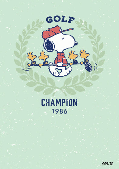 Illustration of Snoopy in a red golf outfit with three Woodstocks holding golf clubs, surrounded by a laurel wreath and the text “GOLF CHAMPION 1986,” evoking vintage sports nostalgia and playful humor.