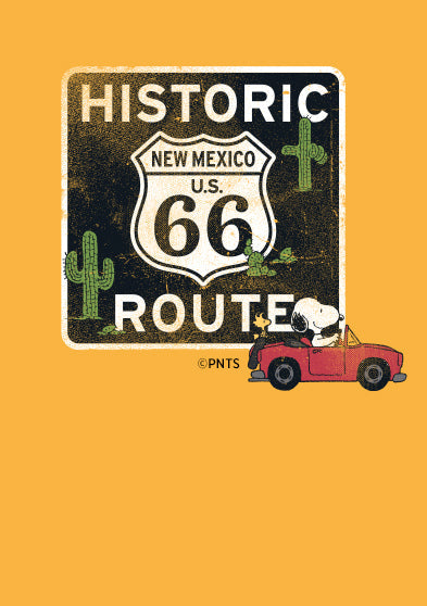 Illustration of Snoopy and Woodstock driving a red convertible alongside a vintage Route 66 sign that reads “Historic Route 66 New Mexico.” The yellow background evokes a nostalgic road trip theme that complements the Timex x Peanuts collaboration.