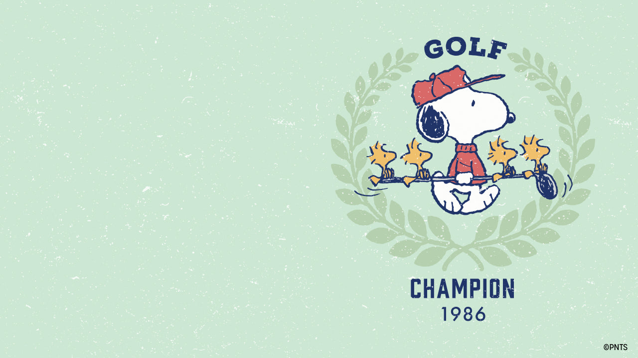 Illustration of Snoopy in a red golf outfit with three Woodstocks holding golf clubs, surrounded by a laurel wreath and the text “GOLF CHAMPION 1986,” evoking vintage sports nostalgia and playful humor.