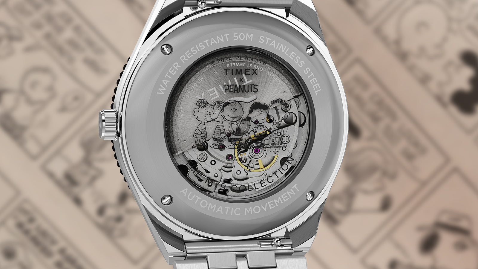 Rear view of the Timex M79 Automatic x Peanuts watch showing the exhibition caseback with visible automatic movement and etched Peanuts characters, highlighting the craftsmanship and nostalgic collaboration.