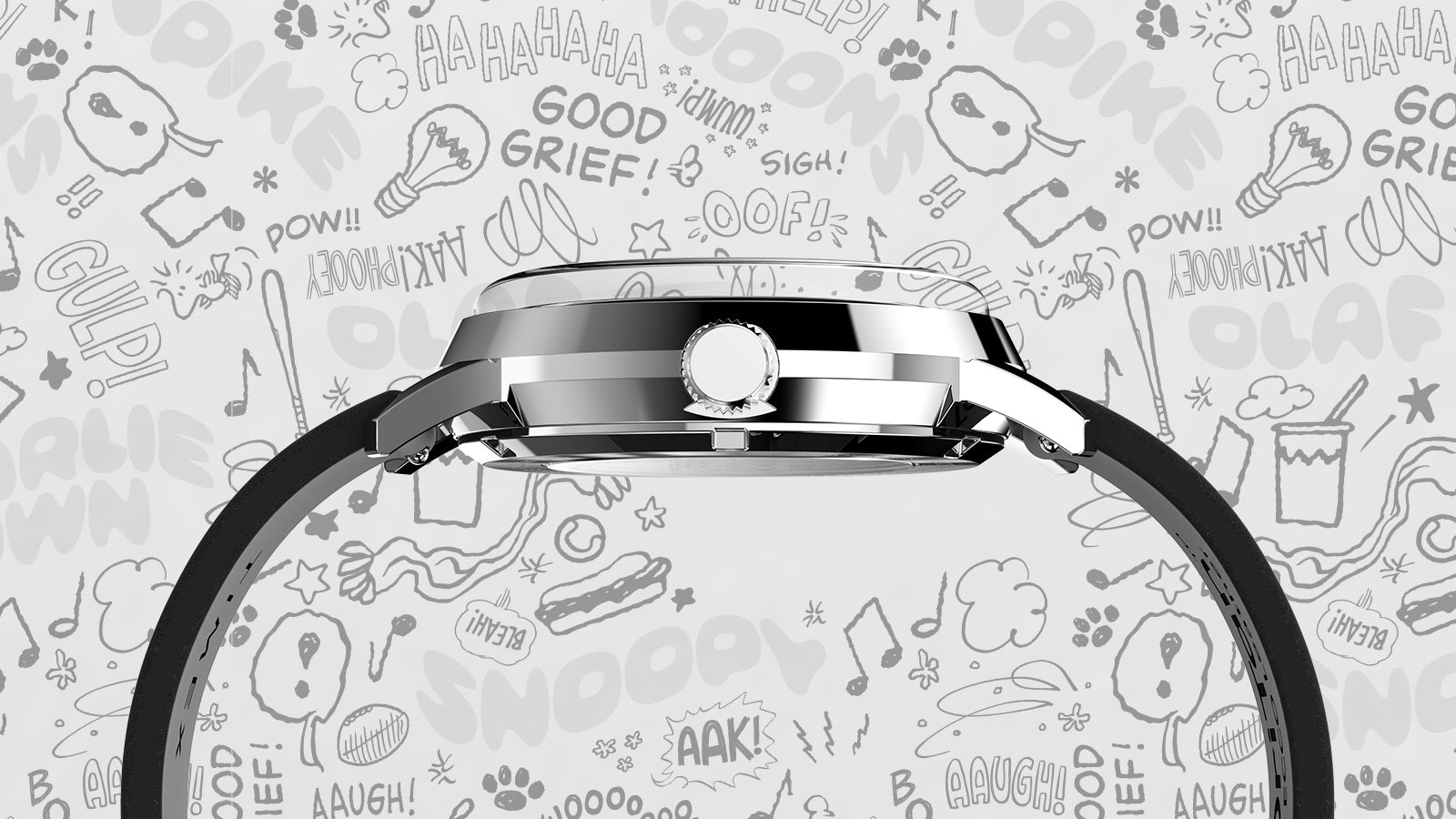 Side view of the Q Timex Chronograph x Peanuts Snoopy watch showing the polished stainless-steel case, chronograph pushers, and domed crystal. The background is decorated with Peanuts comic-inspired doodles and phrases like “Good Grief” and “AAUGH!”