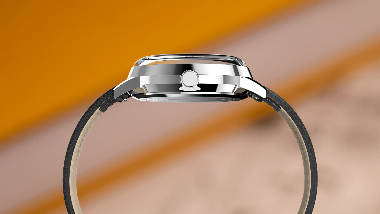Side view of the Timex x Peanuts® Marlin® 75th Anniversary Edition showing its slim, polished stainless-steel case, domed crystal, and classic black leather strap against a warm orange background.