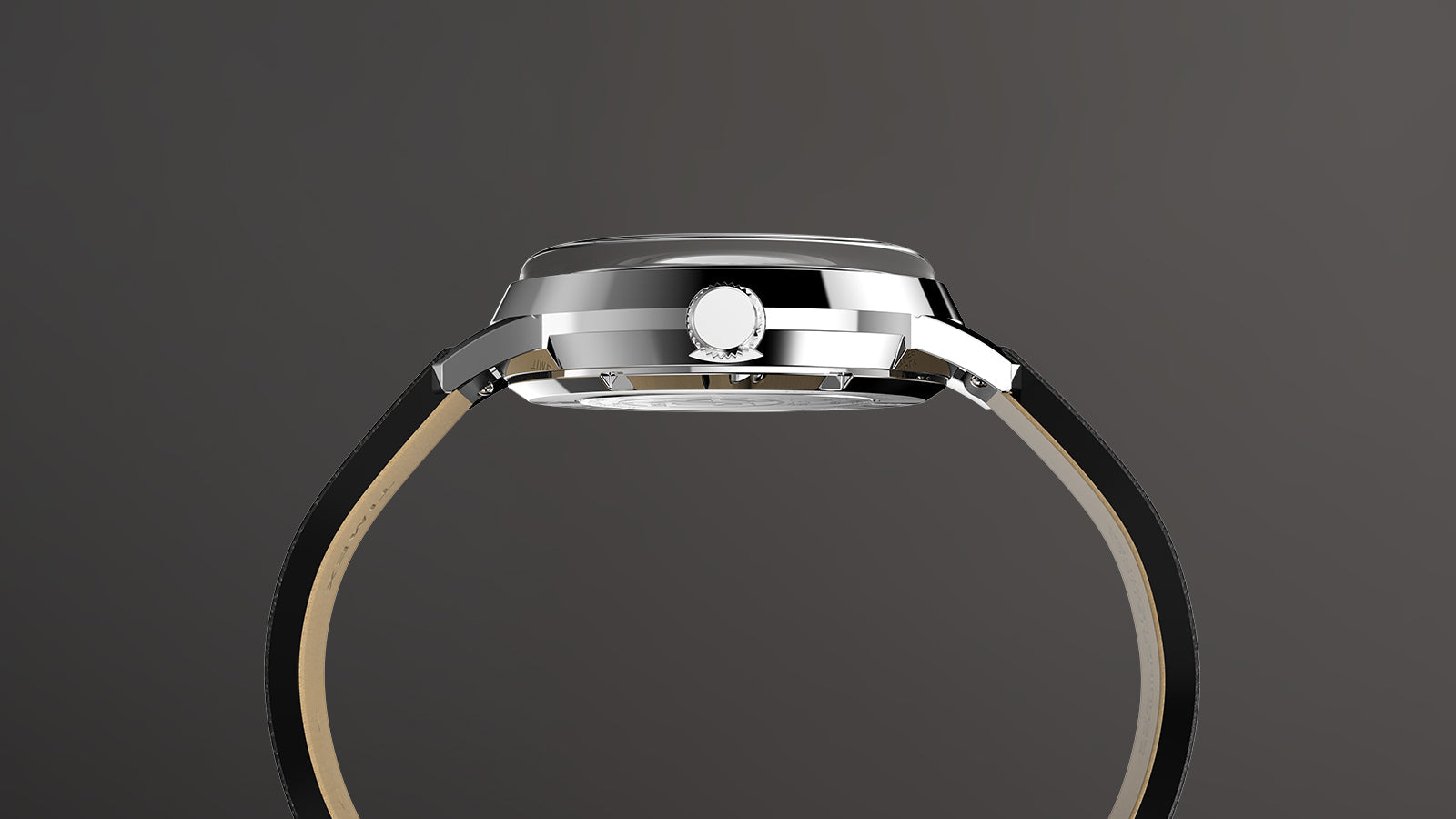 Side view of the Timex x Peanuts® Marlin® Automatic 75th Anniversary Edition watch showing the polished stainless-steel case, crown, and domed crystal. The black leather strap curves elegantly, emphasizing the slim mid-century-inspired design.