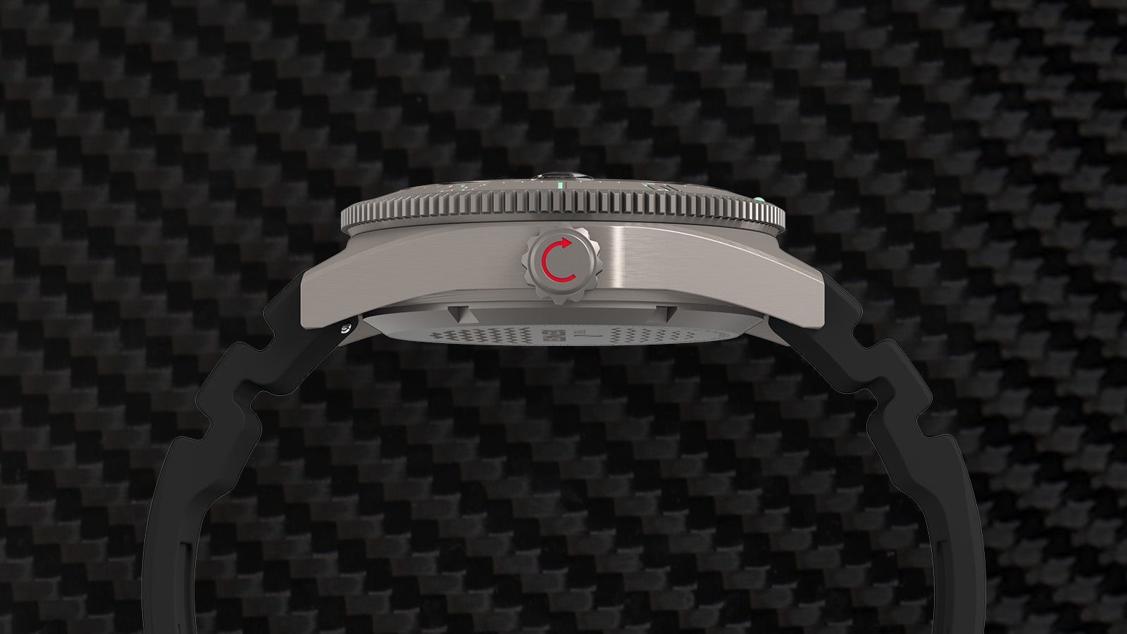 Side profile of the Timex Deepwater Reef 200 Titanium Automatic watch, highlighting the brushed titanium case, screw-down crown, and durable rubber strap against carbon fiber background.