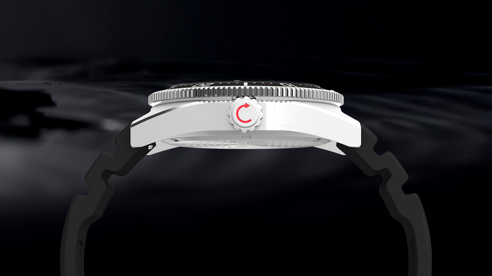 Close-up of the Timex Deepwater Reef 200 GMT dial in low light, revealing luminous markers, bold hands, and GMT functionality.