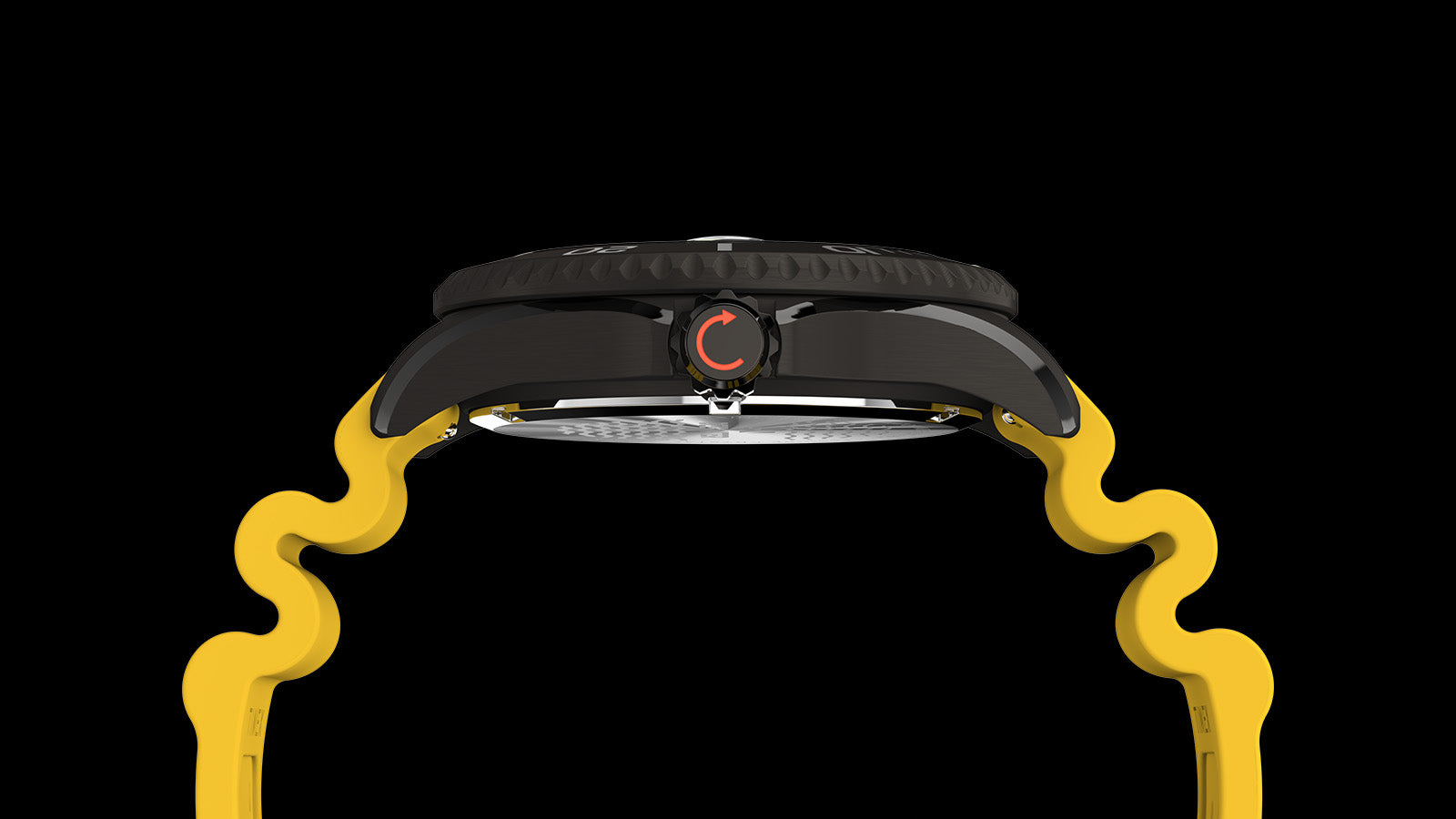 Side profile of the Timex Deepwater Meridian 200 in stainless steel with black finish and yellow strap, highlighting the screw-down crown and rugged build.