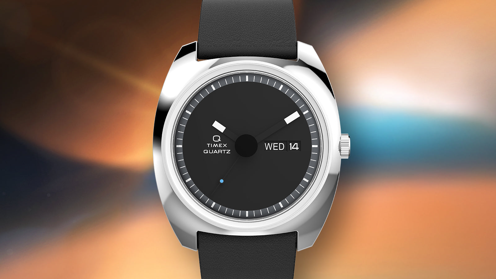 Front view of the Q Timex® 1975 Enigma showing its minimalist black dial, silver-tone case, and black leather strap on a colorful cosmic background.