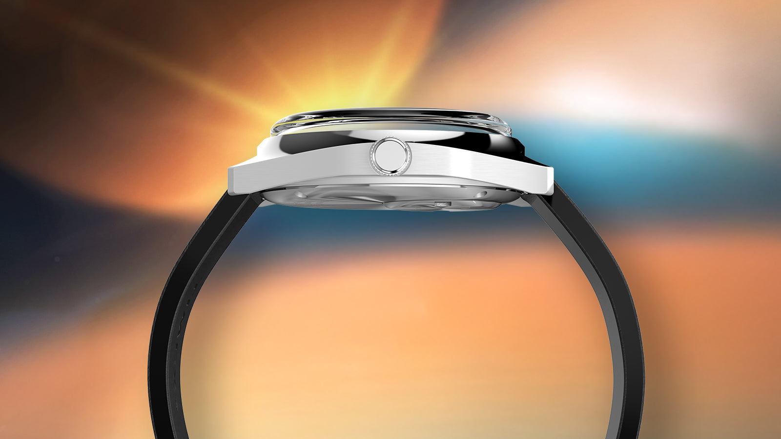 Side profile view of the Q Timex® 1975 Enigma emphasizing the curved crystal, brushed steel sides, and slim silhouette of the case and crown.