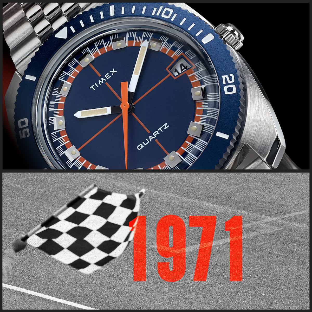 Close-up of the Q Timex® 1971 Velocity dial showing blue and orange detailing, paired with a checkered flag and bold red “1971” text, symbolizing racing heritage.