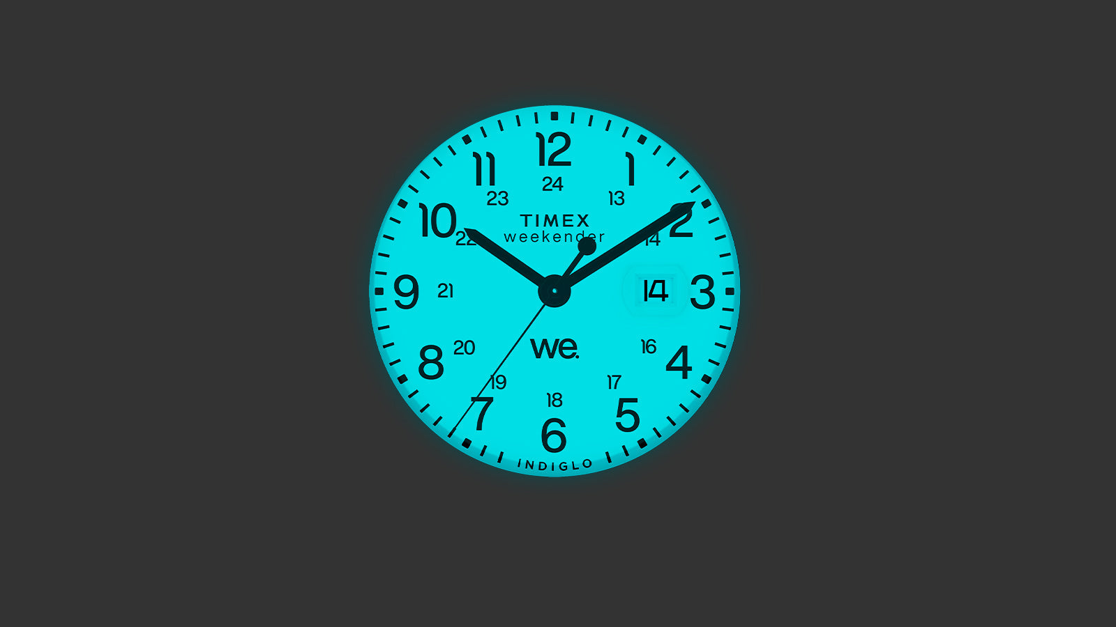Timex Weekender watch dial glowing in the dark with Indiglo backlight, showing the time at 10:10 with clear numerals and date window illuminated.