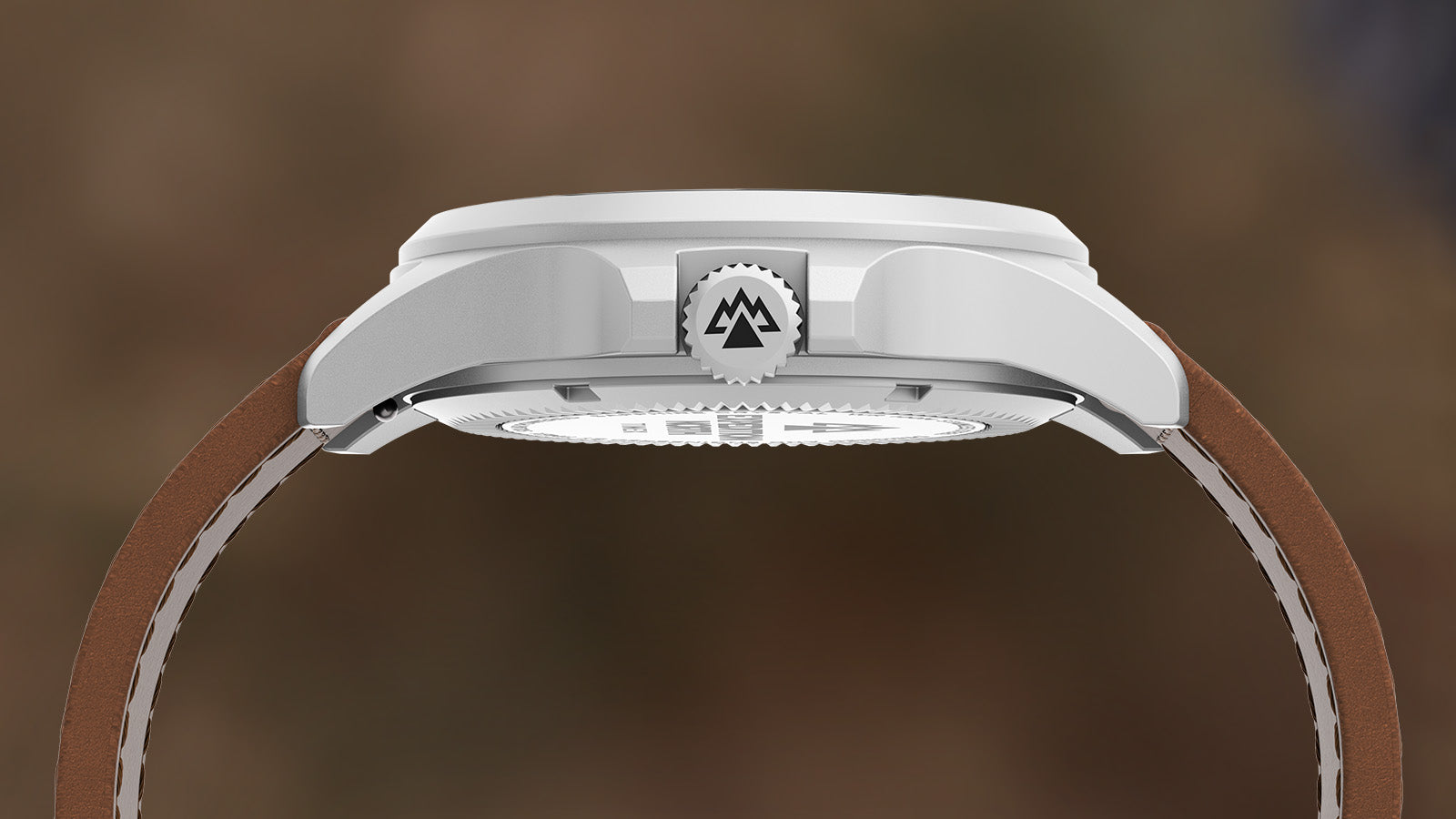 Side profile view of the Timex Expedition Field Post Solar watch, featuring a brushed silver-tone case, engraved crown with mountain logo, and brown leather strap.