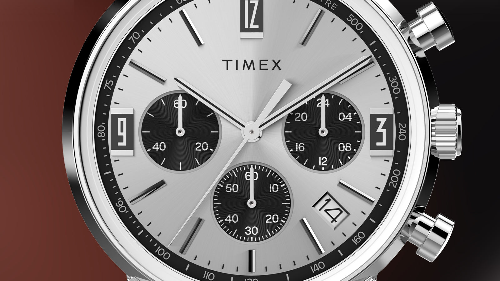 Close-up of Timex Marlin Chronograph Tachymeter dial showing chronograph subdials, tachymeter markings, and date display.