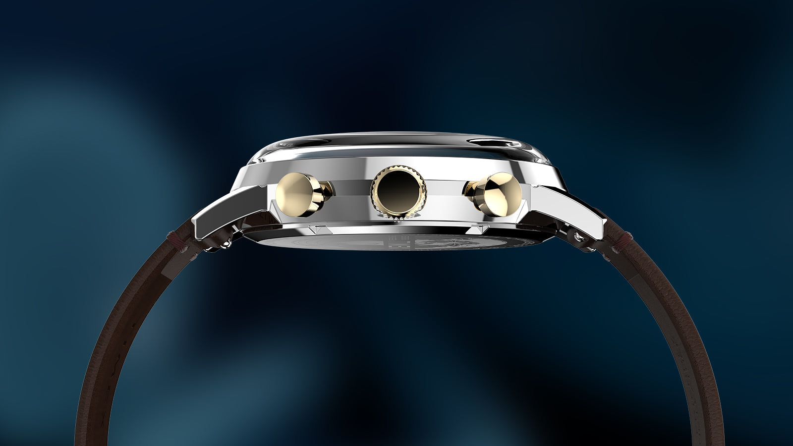 Side profile of Timex Marlin Chronograph Tachymeter showing polished case and gold pushers on a brown leather strap.