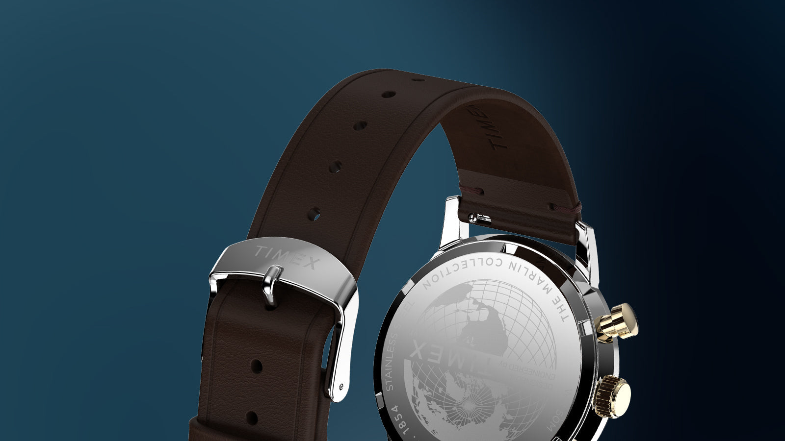 Back view of Timex Marlin Chronograph Tachymeter showing engraved globe caseback and brown leather strap with Timex buckle.