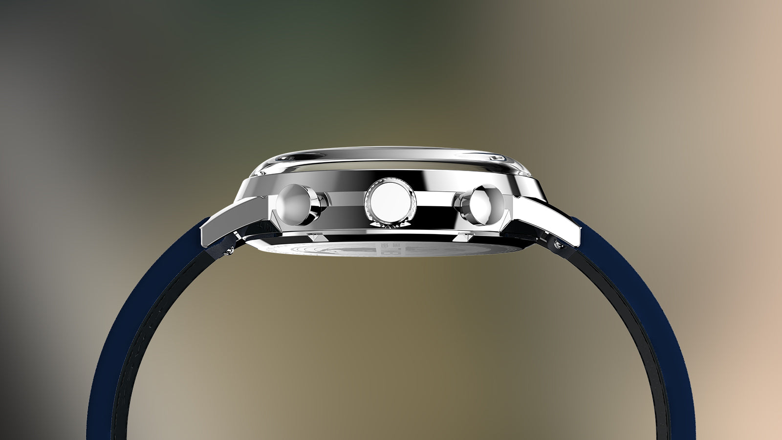 Side profile of Timex Marlin Chronograph Tachymeter highlighting stainless-steel case and pushers.