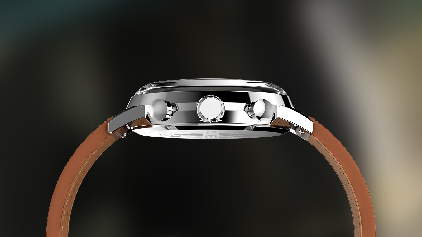 Side profile of Timex Marlin Chronograph Tachymeter showing polished stainless-steel case, pushers, and brown leather strap.
