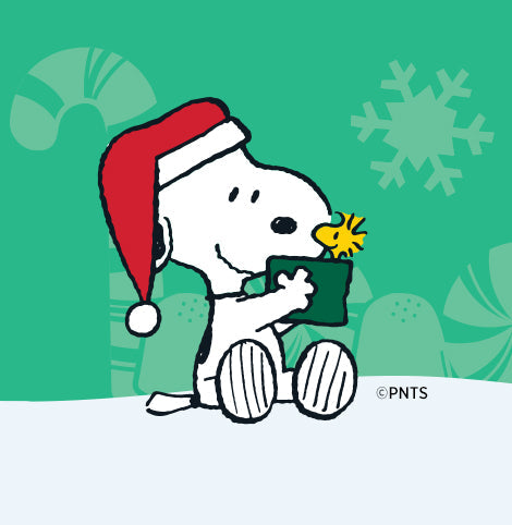 Snoopy wearing a Santa hat and holding a gift with Woodstock on a green holiday-themed background featuring candy canes and snowflakes.