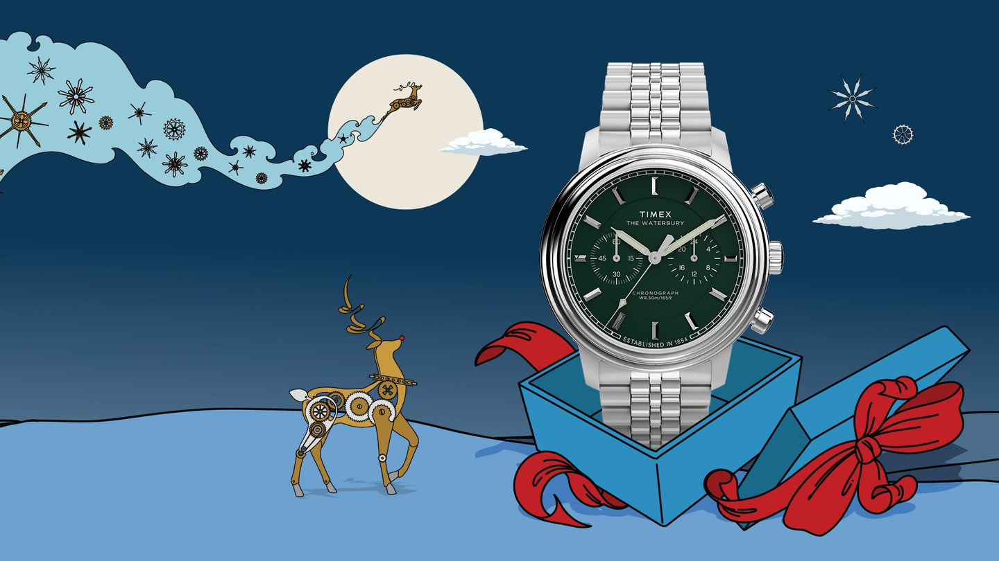 Silver watch with green face in a blue box on a night sky background with deer and stars.
