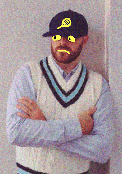 Portrait of a man wearing a tennis-inspired outfit with a cap illustrated with yellow doodles, representing seconde/seconde/’s creative direction behind the Timex collaboration, merging sporty and humorous visual elements.