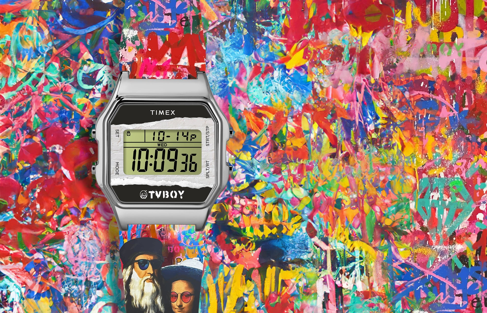 Timex T80 x TVBOY digital watch with a colorful graffiti-style strap and a silver-tone rectangular case. The LCD display shows the Timex and TVBOY logos, set against a vivid, abstract background of layered spray-paint art symbolizing street creativity and modern culture.