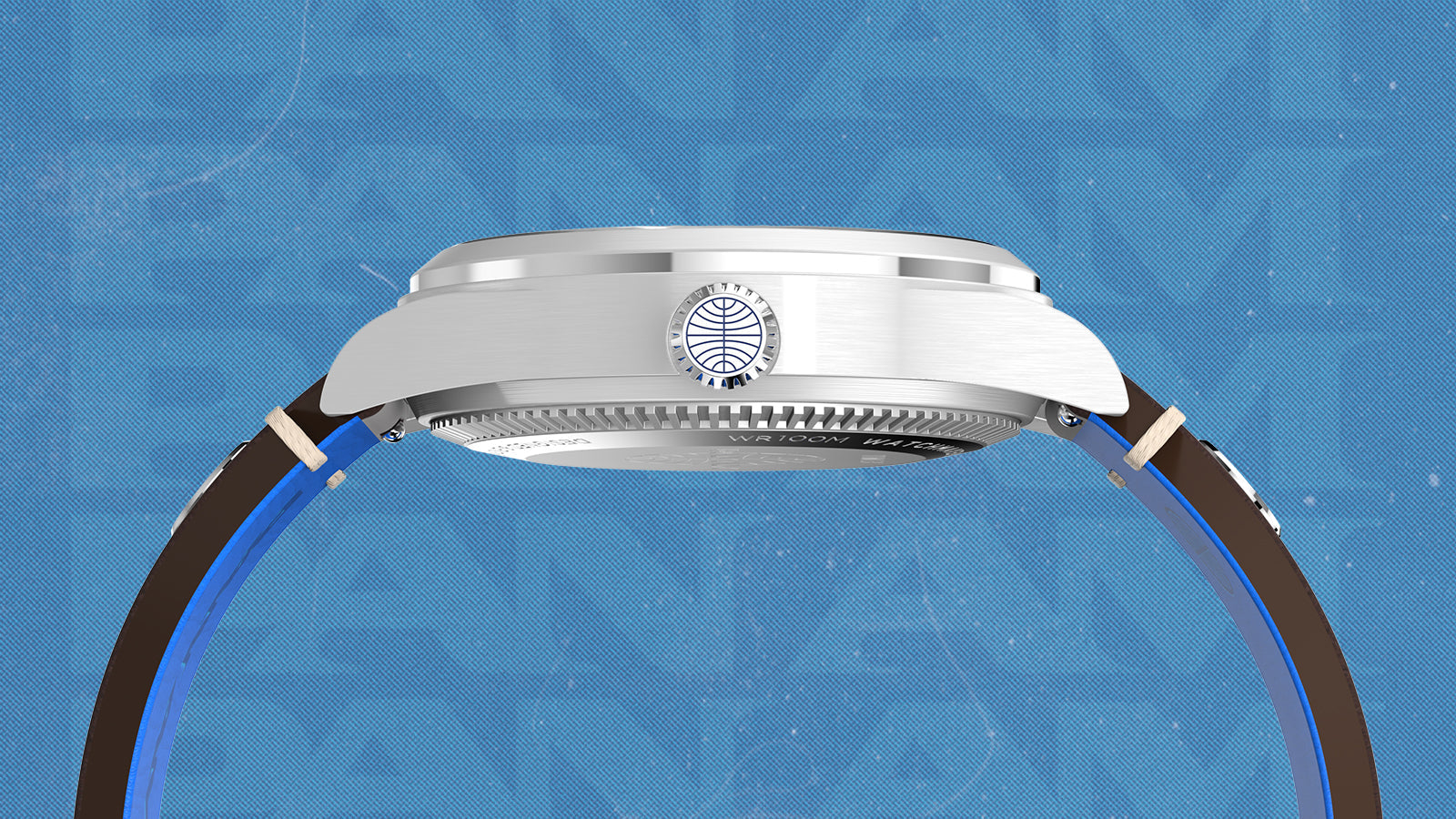 Side profile of the Timex x Pan Am® Waterbury GMT highlighting the brushed steel case, engraved crown with Pan Am logo, and brown leather strap lined in blue. The image emphasizes the slim profile and durable construction of the aviation-inspired design.