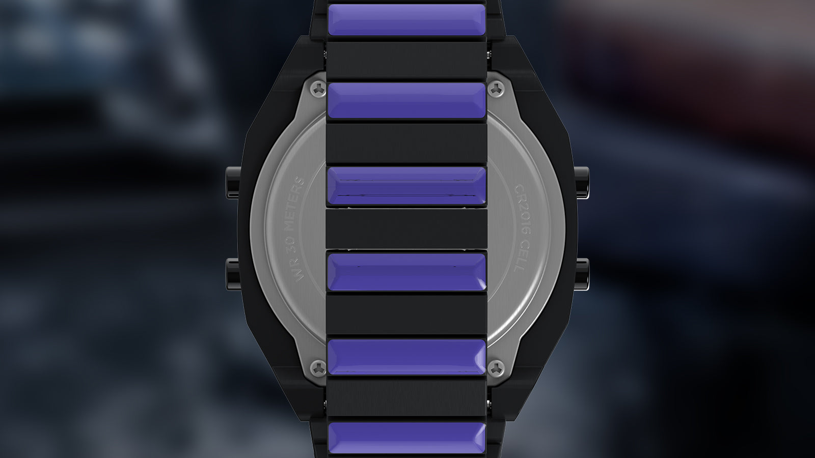 Rear view of the Timex x Wednesday T80 digital watch showing the stainless-steel case back and alternating black and purple bracelet links. The engraved markings indicate water resistance and battery type, maintaining Timex’s durable design.
