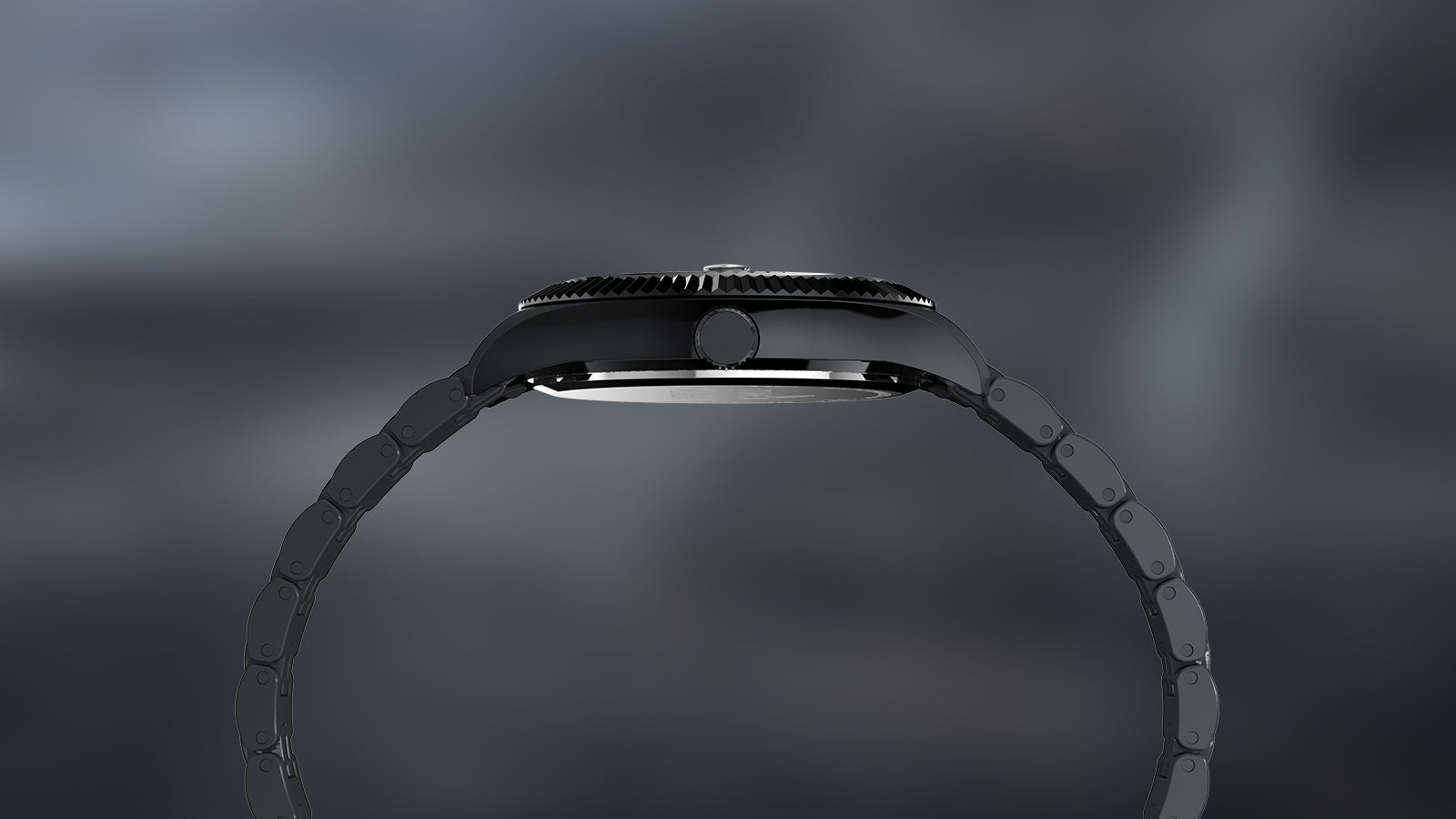 Side profile of the Timex x Wednesday Timex Legacy watch displaying the sleek black stainless-steel case and bracelet links. The shot highlights the watch’s slim build and polished, shadowy finish.