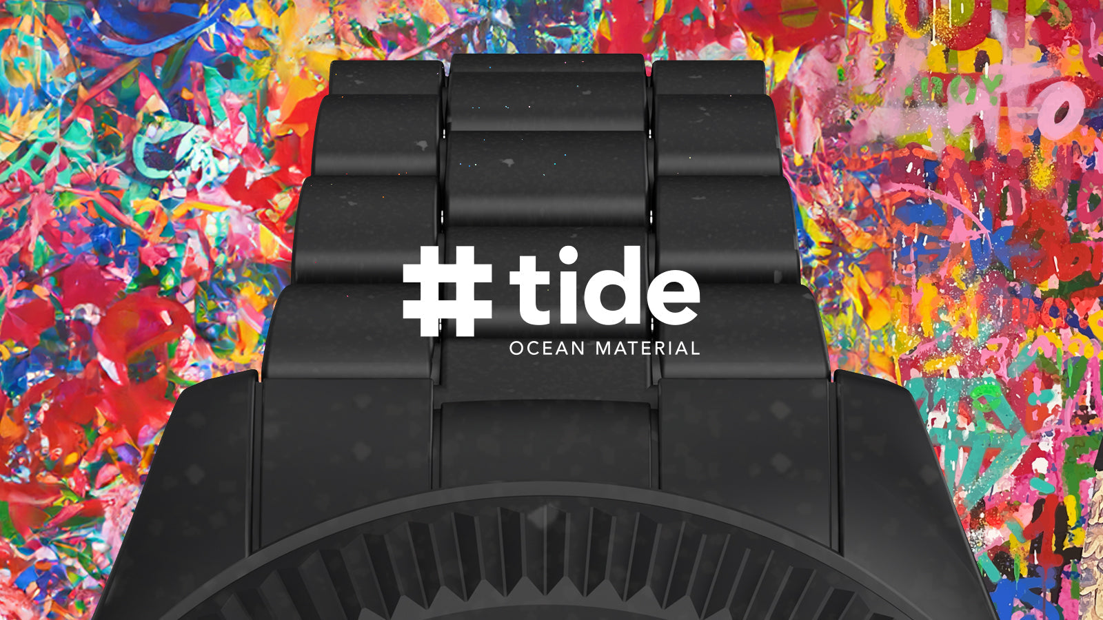 Timex Legacy Ocean x TVBOY watch crafted from #tide ocean material, displayed against a colorful graffiti background. The text “#tide Ocean Material” highlights the watch’s sustainable composition using recycled ocean plastics.