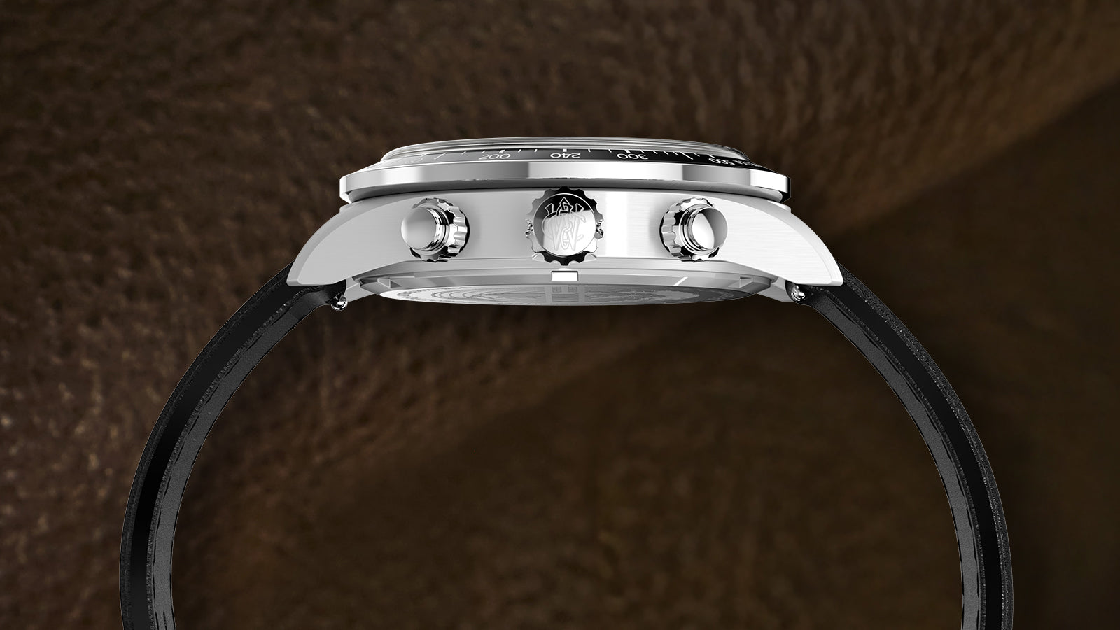 Side view of the Timex Waterbury Heritage Chronograph revealing brushed steel case, engraved crown, and dual pushers against a leather-textured background.