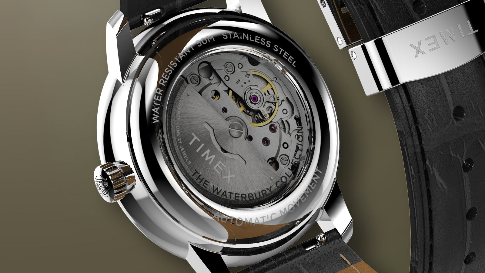 Rear view of the Timex Waterbury Metropolitan Automatic showing the open case back with visible automatic movement and engraved details.