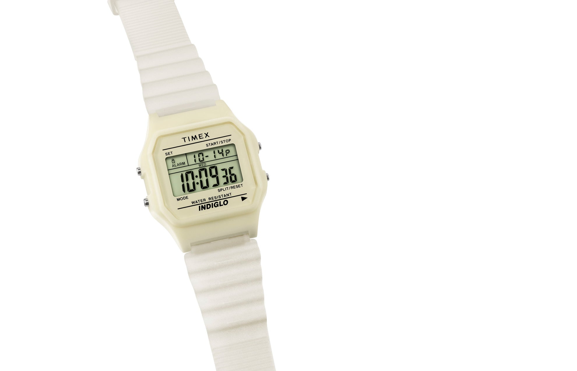 Angled view of the TIMEX® T80 digital watch with cream-colored resin case and strap, displayed against a clean white background.