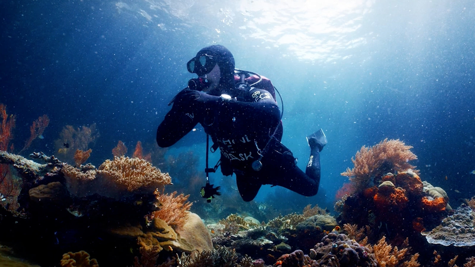 Scuba diver swimming above a coral reef with beams of sunlight shining through the water, wearing underwater gear and a wristwatch.