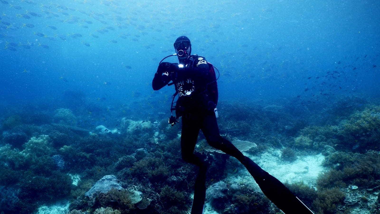 Scuba diver swimming above a coral reef with a school of fish overhead, wearing dive gear in a deep underwater environment.