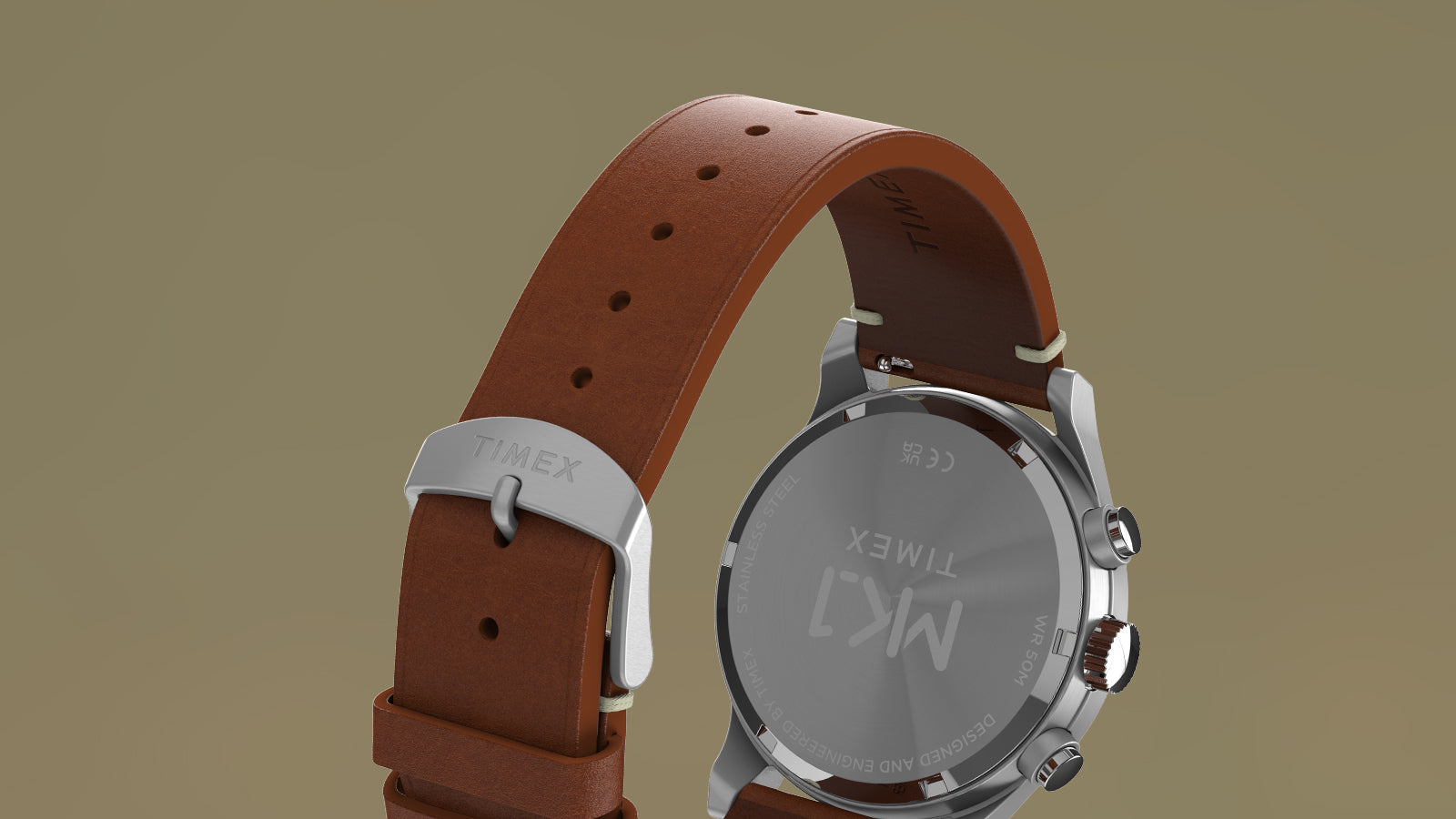 Rear view of Timex MK1 Chronograph showing stainless steel caseback and brown leather strap with Timex buckle.