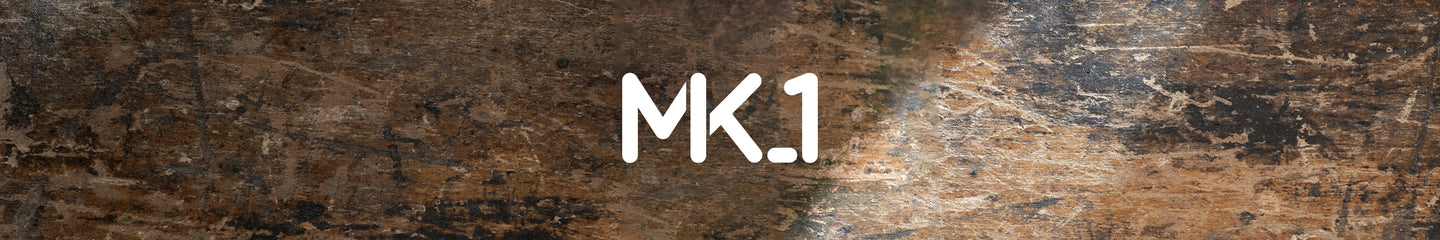 White text reading “MK.1” centered on a rustic, weathered wooden background.