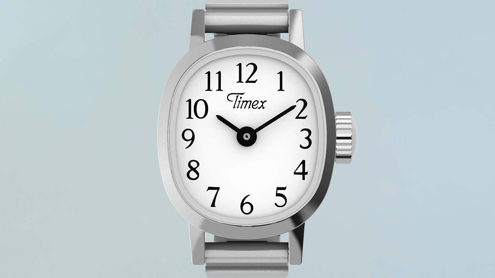 Close-up of Timex Cavatina® Mini watch featuring white dial, black Arabic numerals, silver-tone oval case, and expansion bracelet.