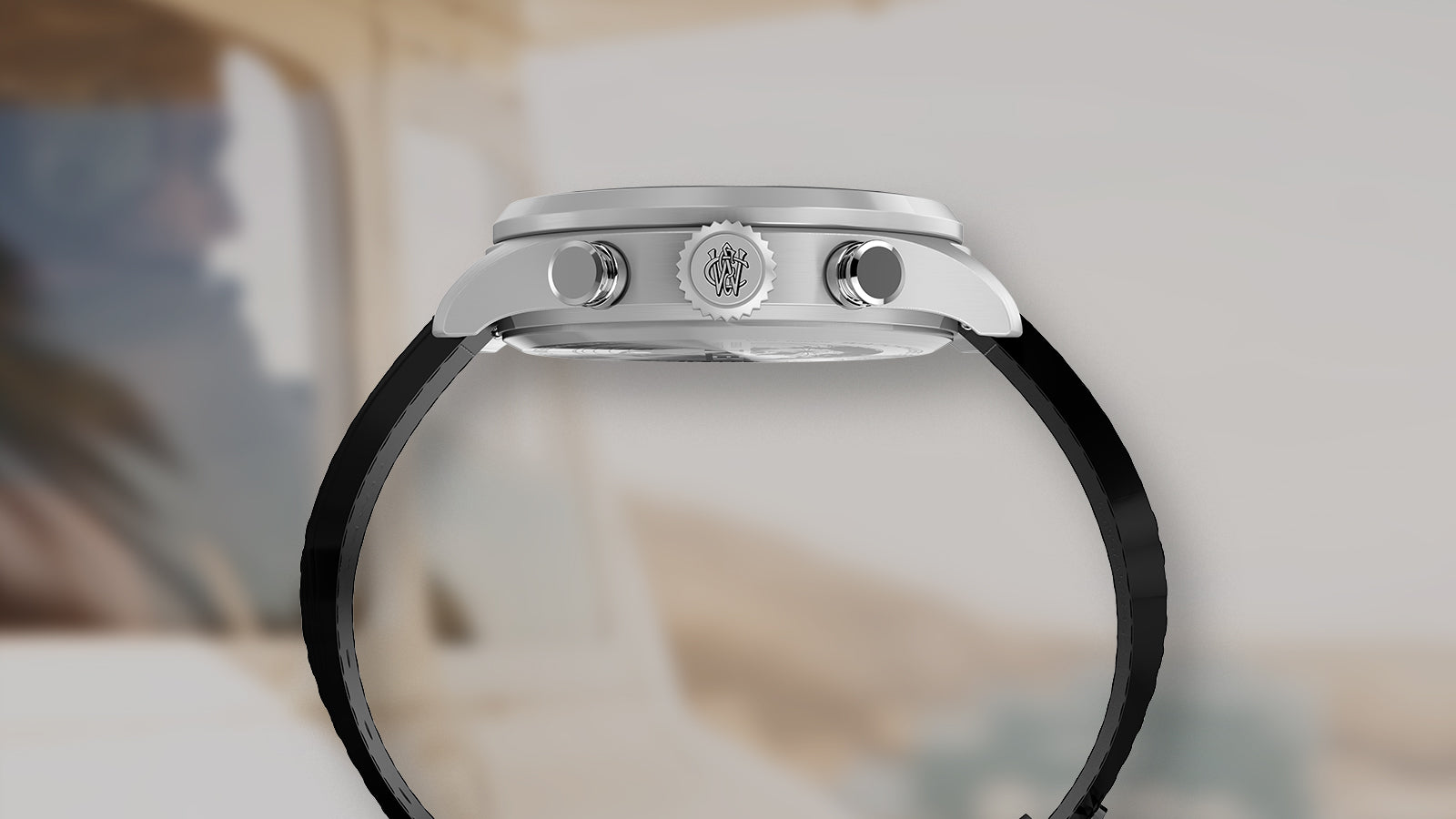 Side profile of Timex Waterbury Ace Fly-Back Chronograph showing stainless steel case, crown, and pushers