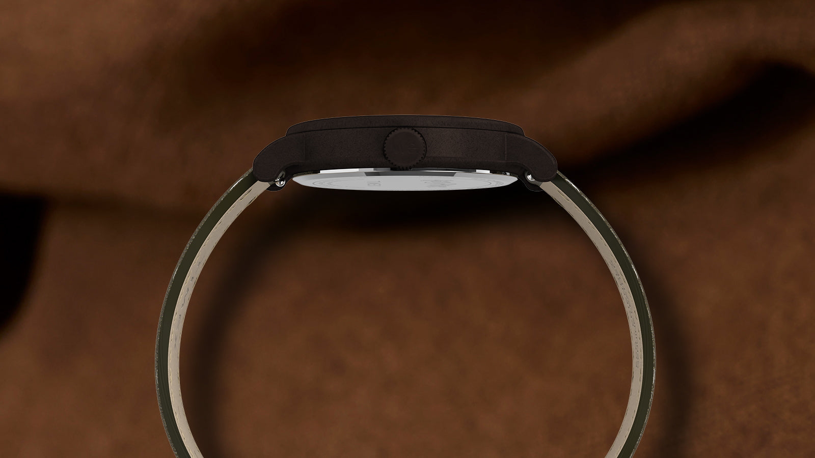 Side profile of Harry Potter x Timex Weekender Sorting Hat watch showing slim bronze-tone case and crown detail.