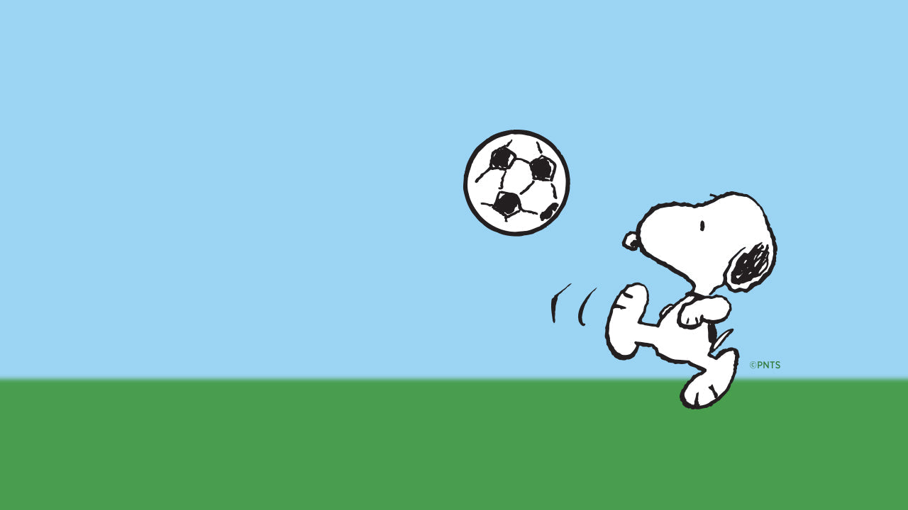 Snoopy kicking a soccer ball on a simple blue sky and green field background