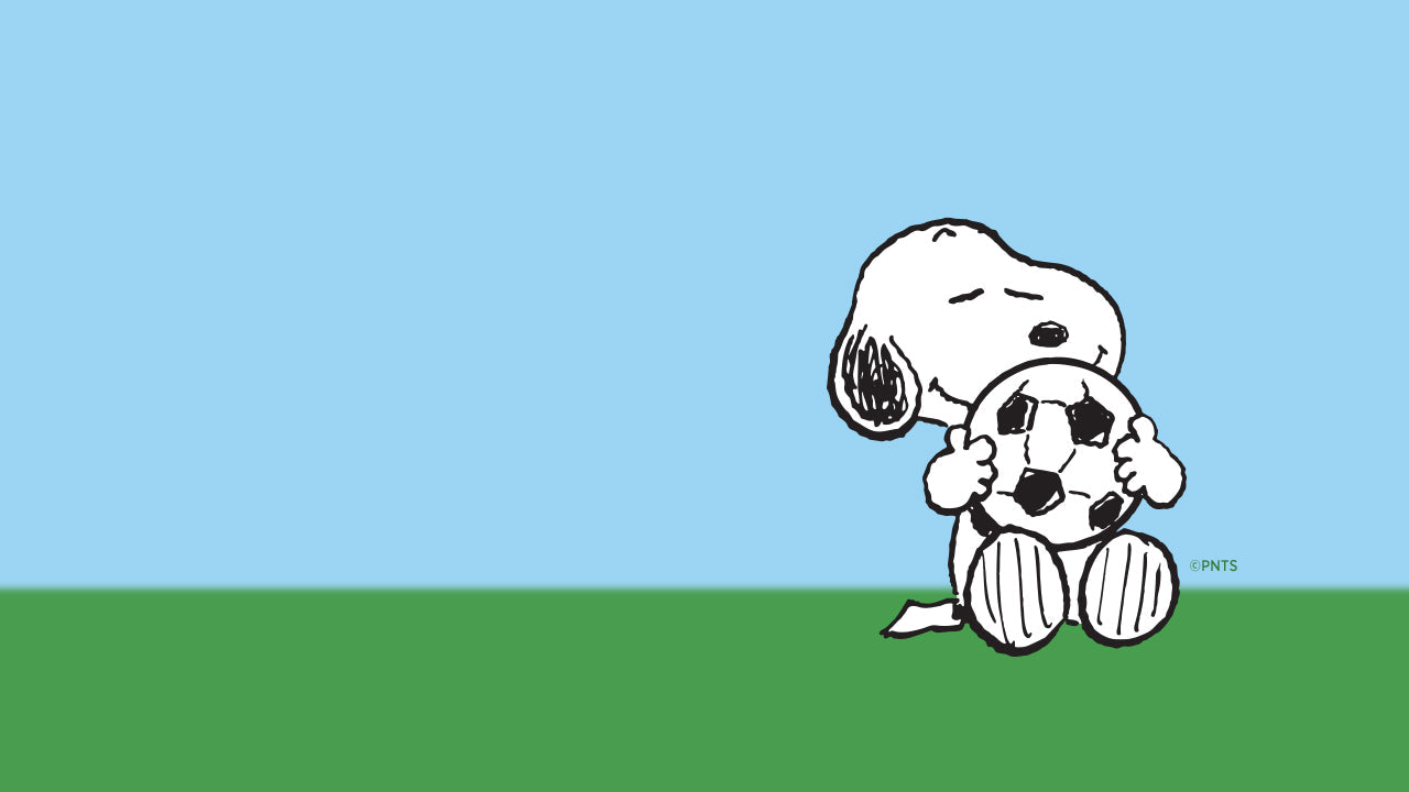 Snoopy sitting and holding a soccer ball on a blue sky and green field background