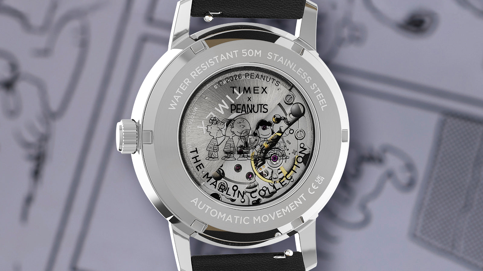Exhibition caseback of Timex Marlin Automatic x Peanuts watch showing mechanical movement and Peanuts characters engraving