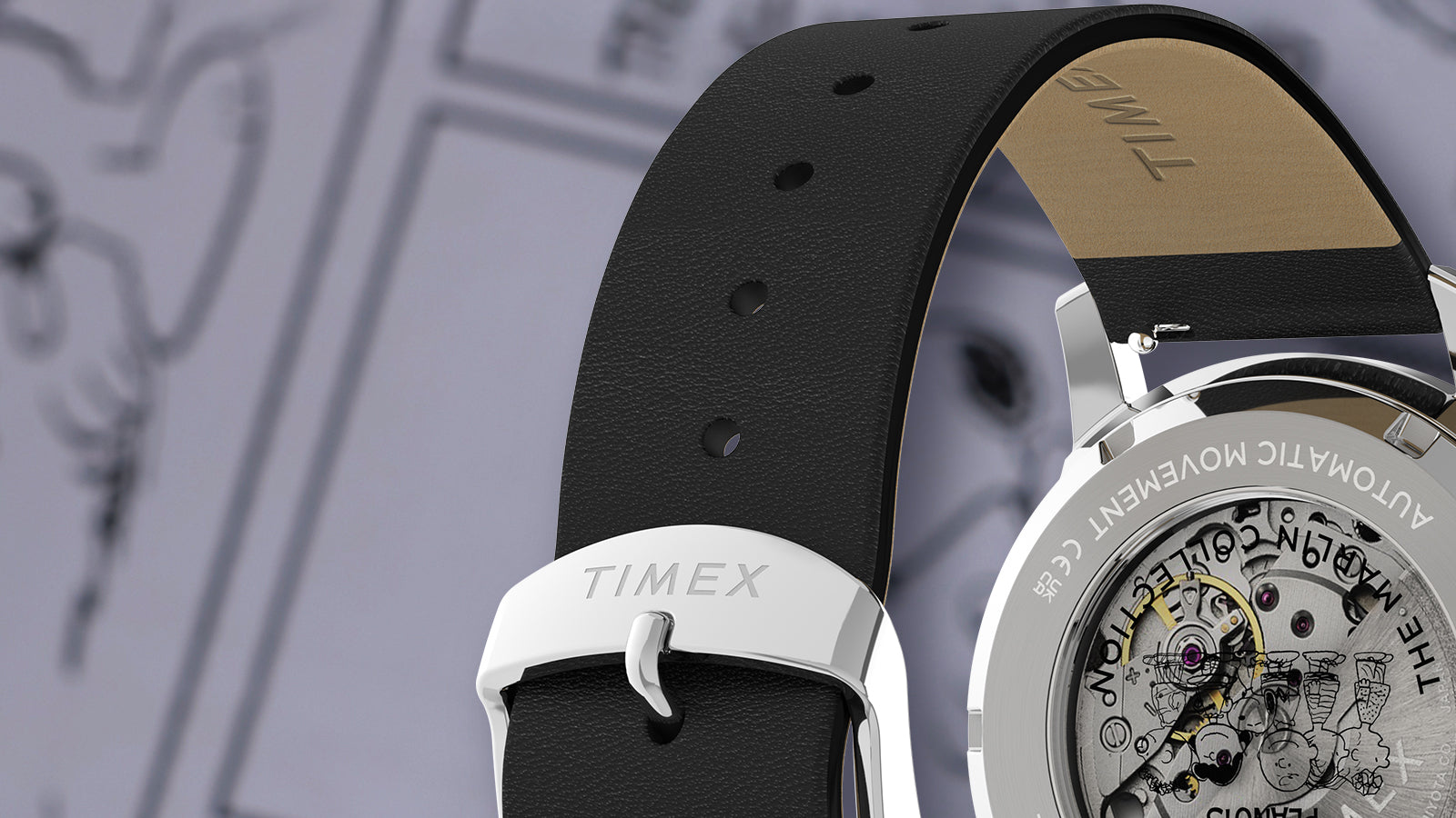 Close-up of Timex Marlin Automatic watch black leather strap and exhibition caseback with visible mechanical movement