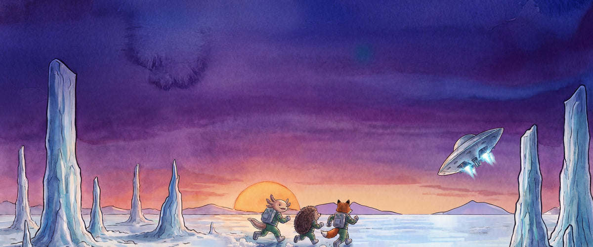 Illustrated Timex Tales scene of three animal adventurers crossing an icy landscape at sunset as a spaceship flies overhead.