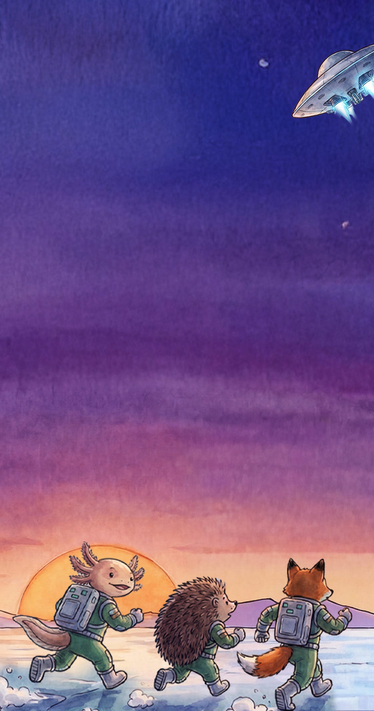 Illustrated Timex Tales scene of three animal adventurers crossing an icy landscape at sunset as a spaceship flies overhead.