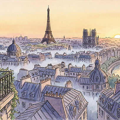 Illustrated panoramic view of Paris at sunset, featuring the Eiffel Tower, Notre-Dame Cathedral, and rooftops across the city.