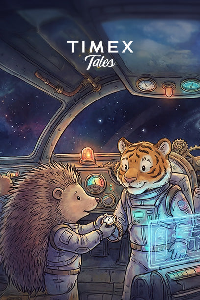 Timex Tales illustration of a hedgehog showing a pocket watch to a tiger aboard a spaceship surrounded by glowing controls.