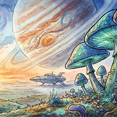 Illustrated alien landscape with giant glowing mushrooms, a ringed planet overhead, and a spaceship resting in the distance.
