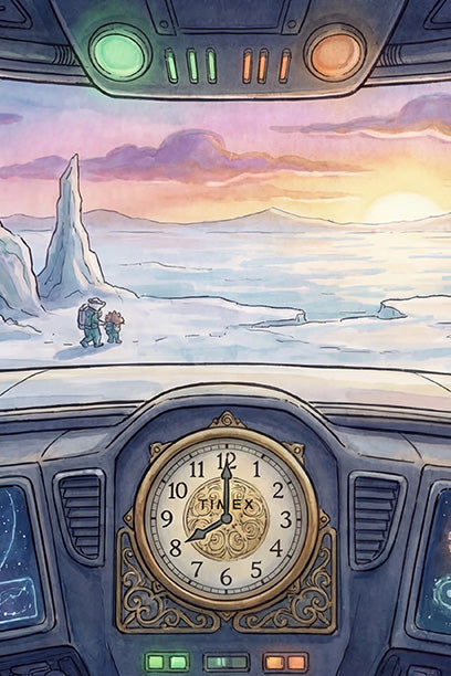 View from inside a spaceship overlooking two explorers on a frozen landscape at sunset, with an ornate analog clock on the control panel.
