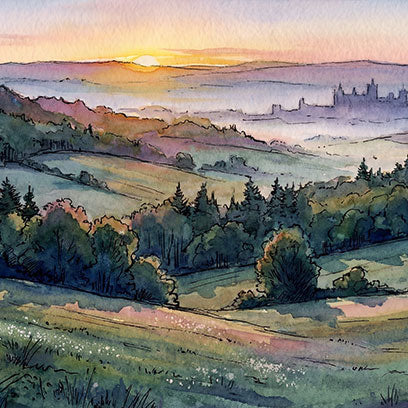 Watercolor-style countryside landscape at sunset with rolling green hills, forests, and a distant castle.